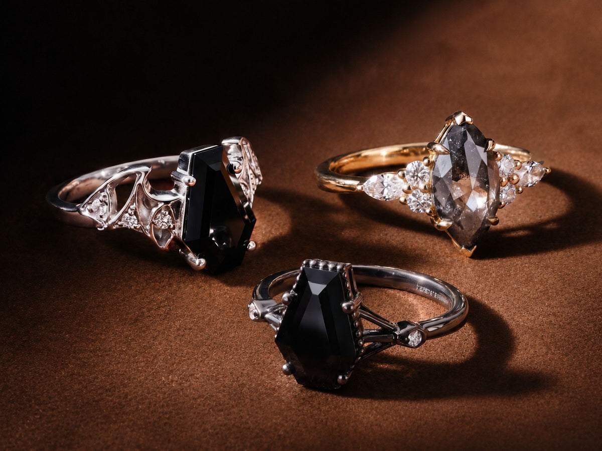 Three alternative rings arranged in warm directional light