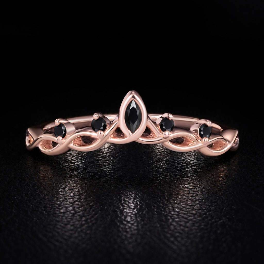 Marquise Cut Black Moissanite Celtic Vine Crown Ring