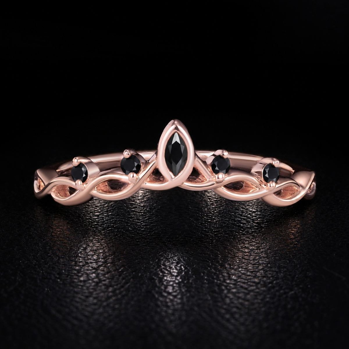Marquise Cut Black Moissanite Celtic Vine Crown Ring