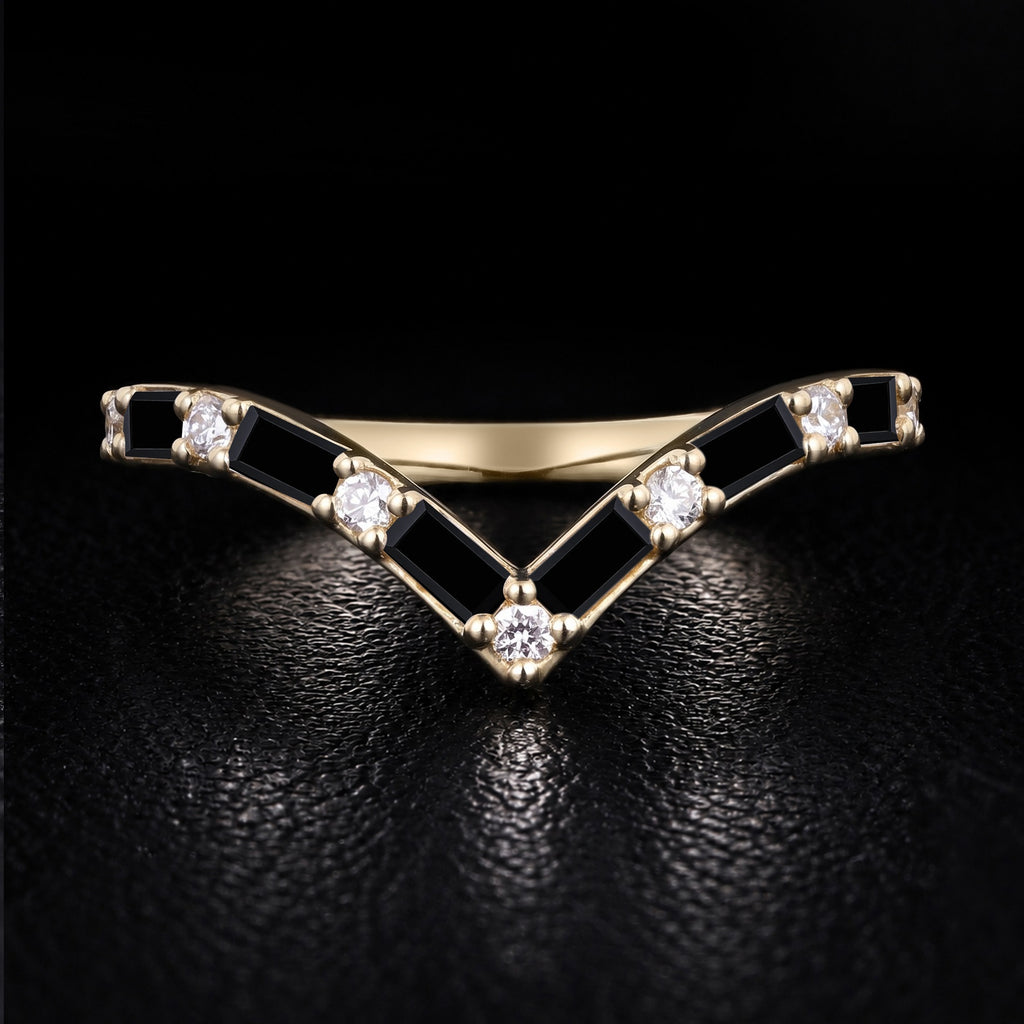 Baguette Cut Black Moissanite Chevron Curved Band with Lab Diamond Accents