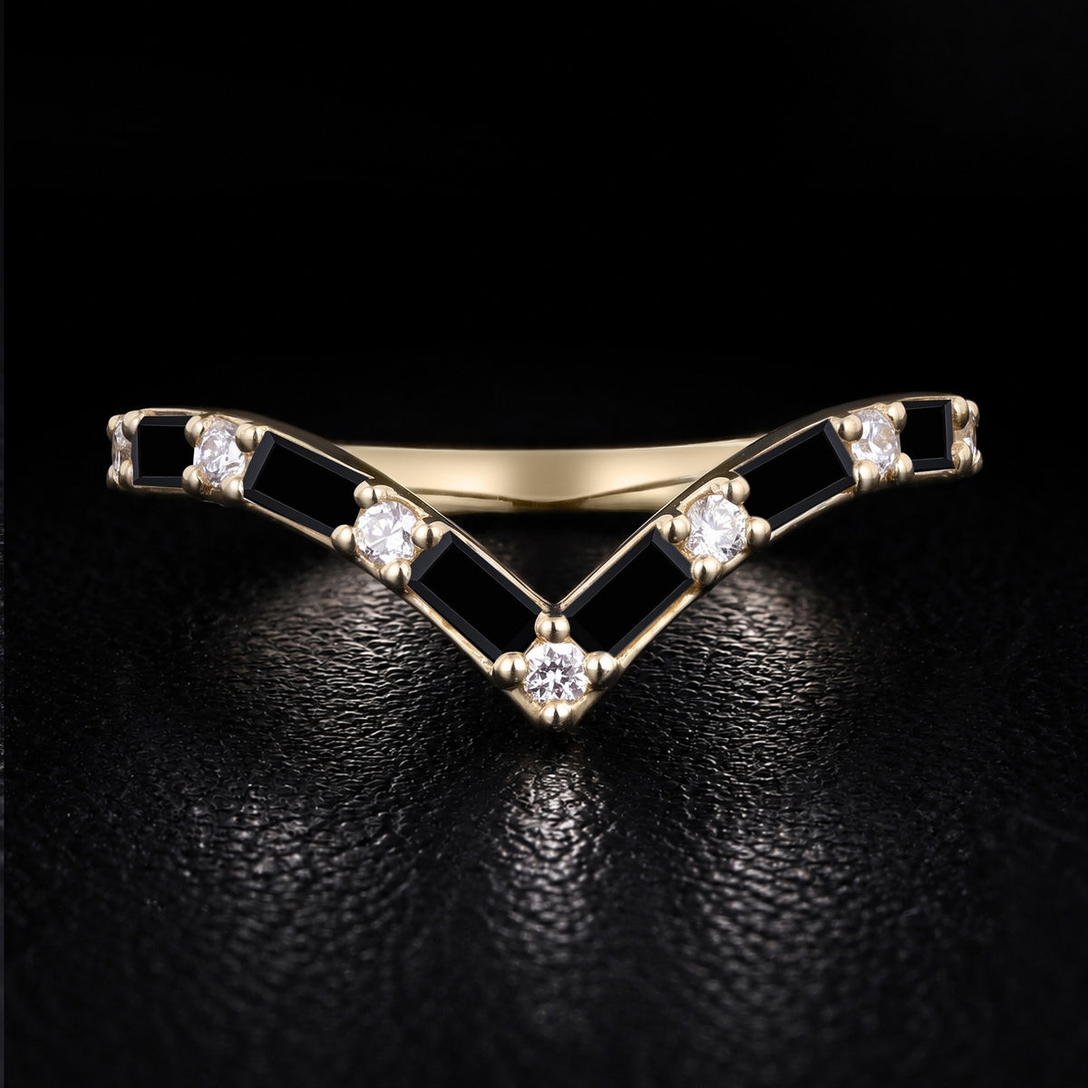 Baguette Cut Black Moissanite Chevron Curved Band with Lab Diamond Accents
