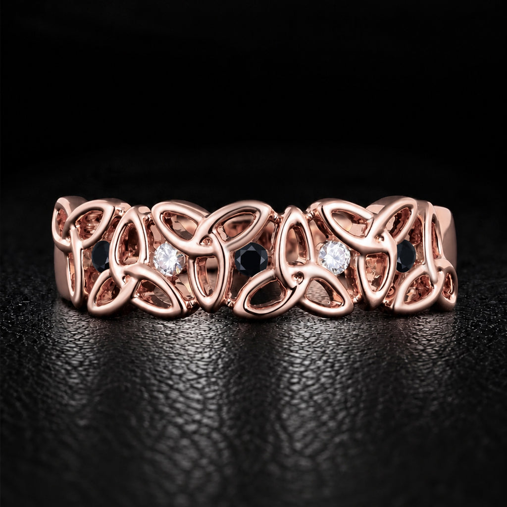 Eternal Celtic Knot Band Ring With Black Moissanite & Lab Diamond Accents