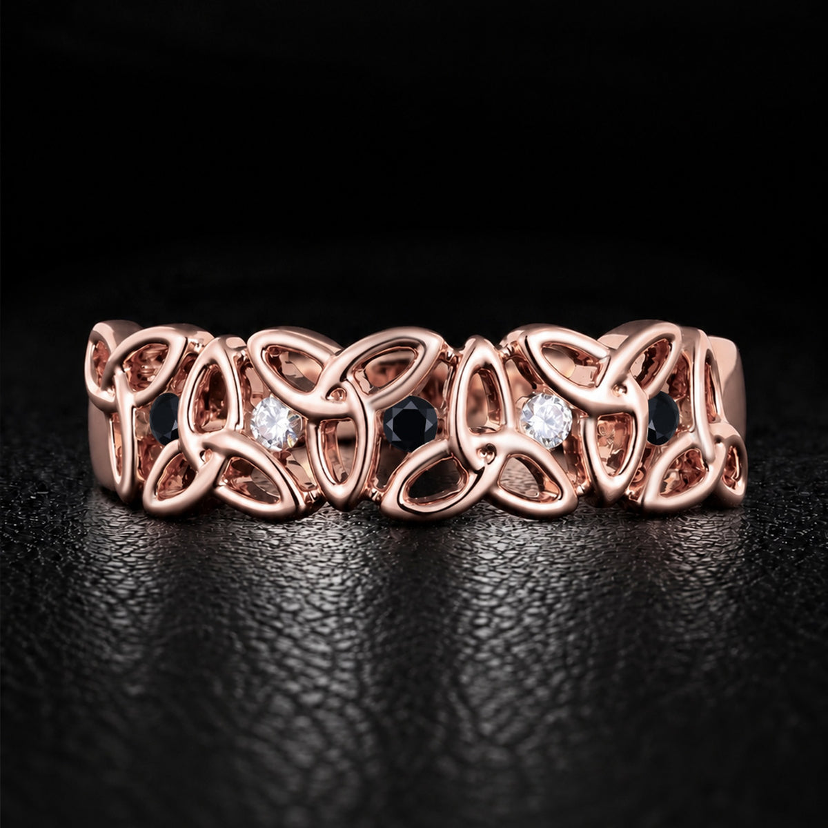 Eternal Celtic Knot Band Ring With Black Moissanite & Lab Diamond Accents