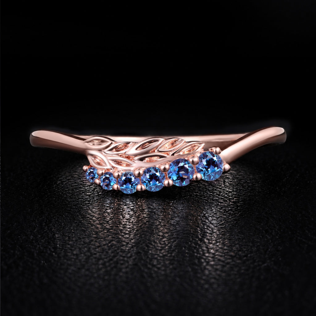 Round Cut Lab Alexandrite Laurel Branch Nature Inspired Curved Ring
