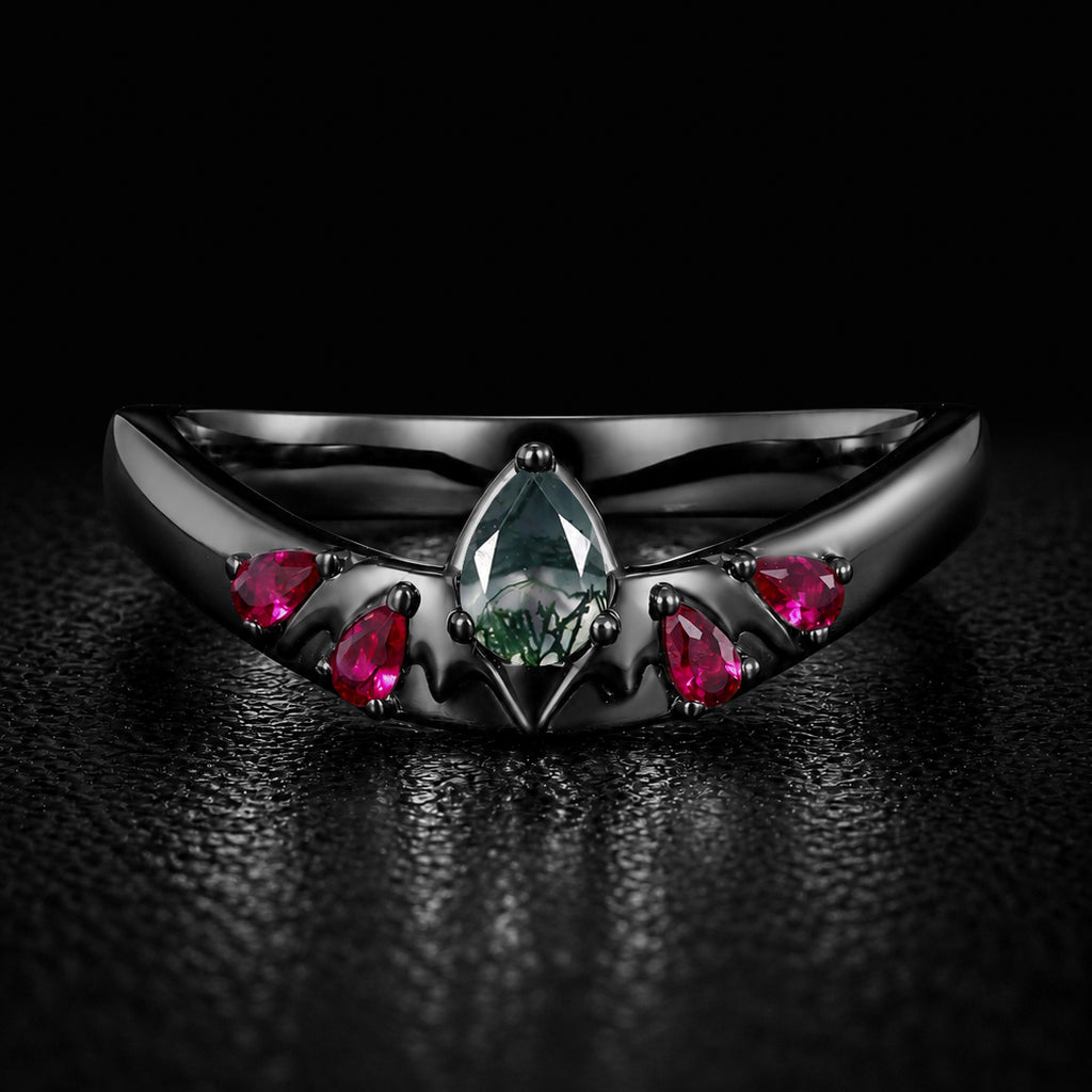 Pear Cut Moss Agate Bat Wing Gothic Band Ring with Ruby Accents