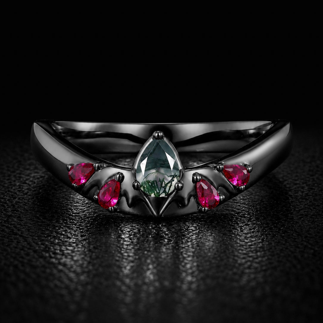 Pear Cut Moss Agate Bat Wing Gothic Band Ring with Ruby Accents