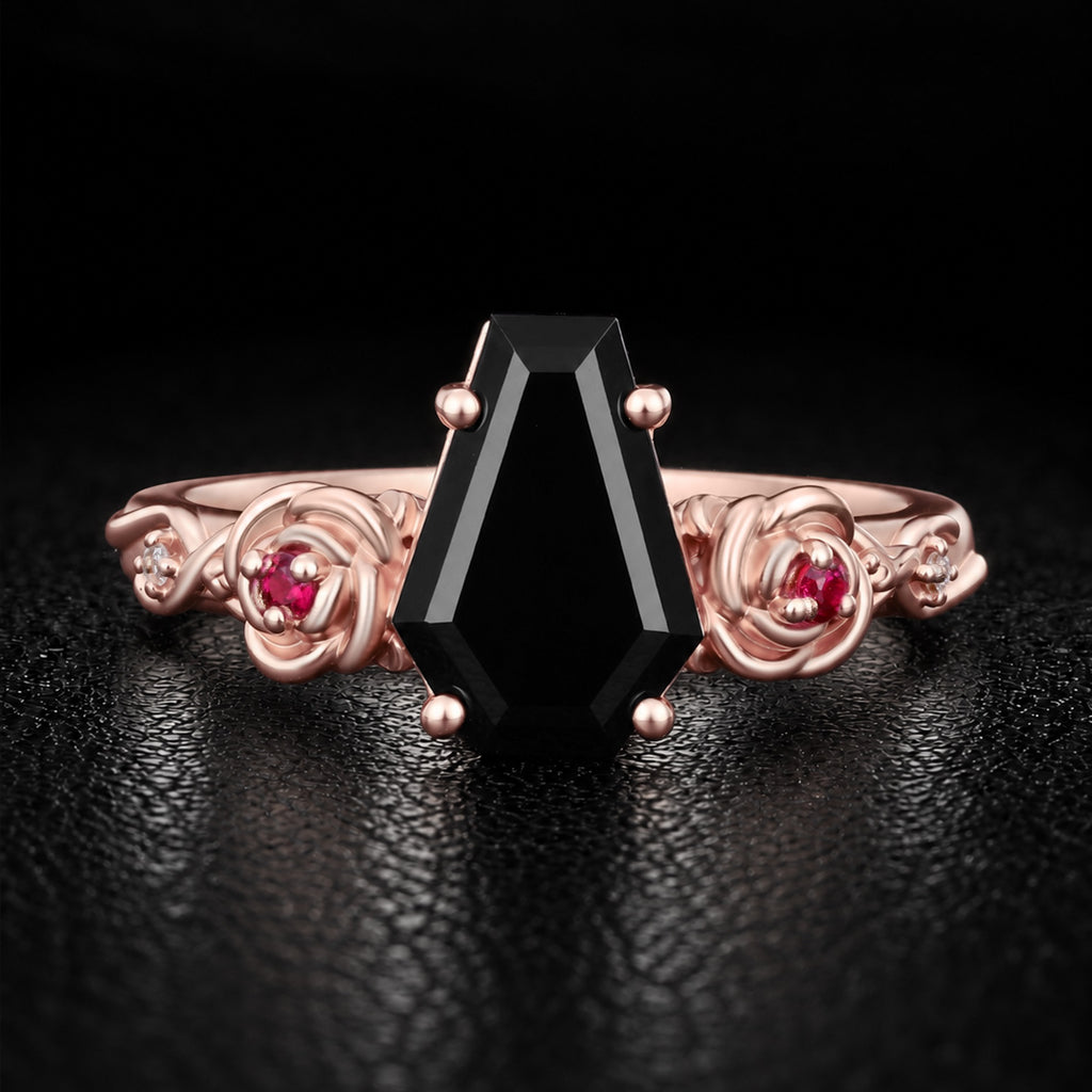 Coffin Cut Black Moissanite Gothic Rose Ring With Ruby Accents