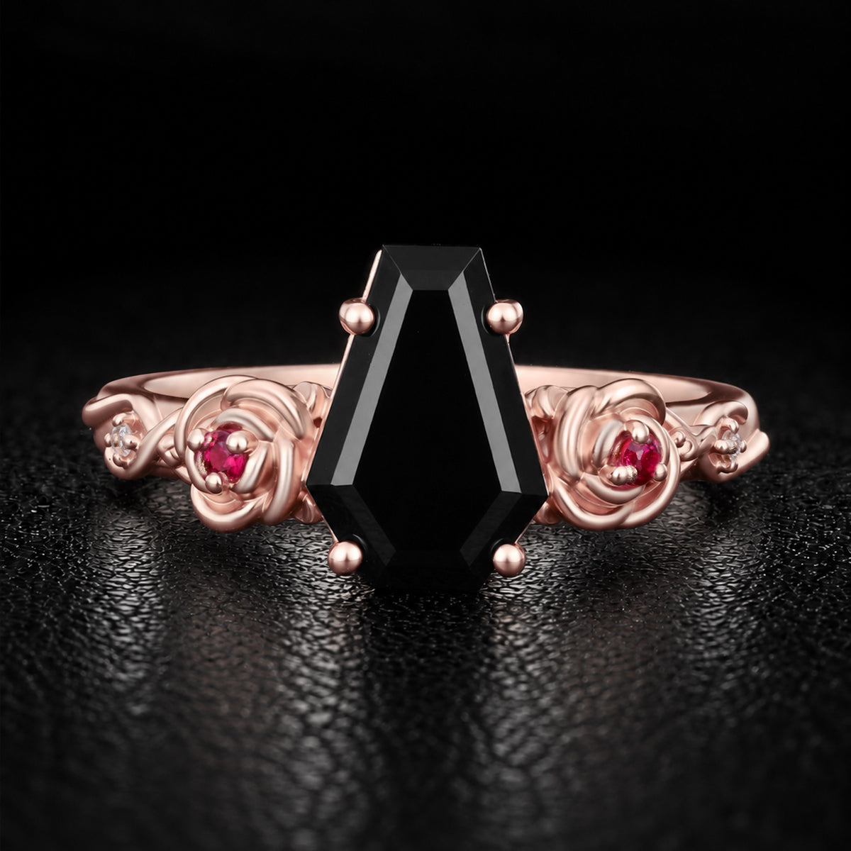 Coffin Cut Black Moissanite Gothic Rose Ring With Ruby Accents