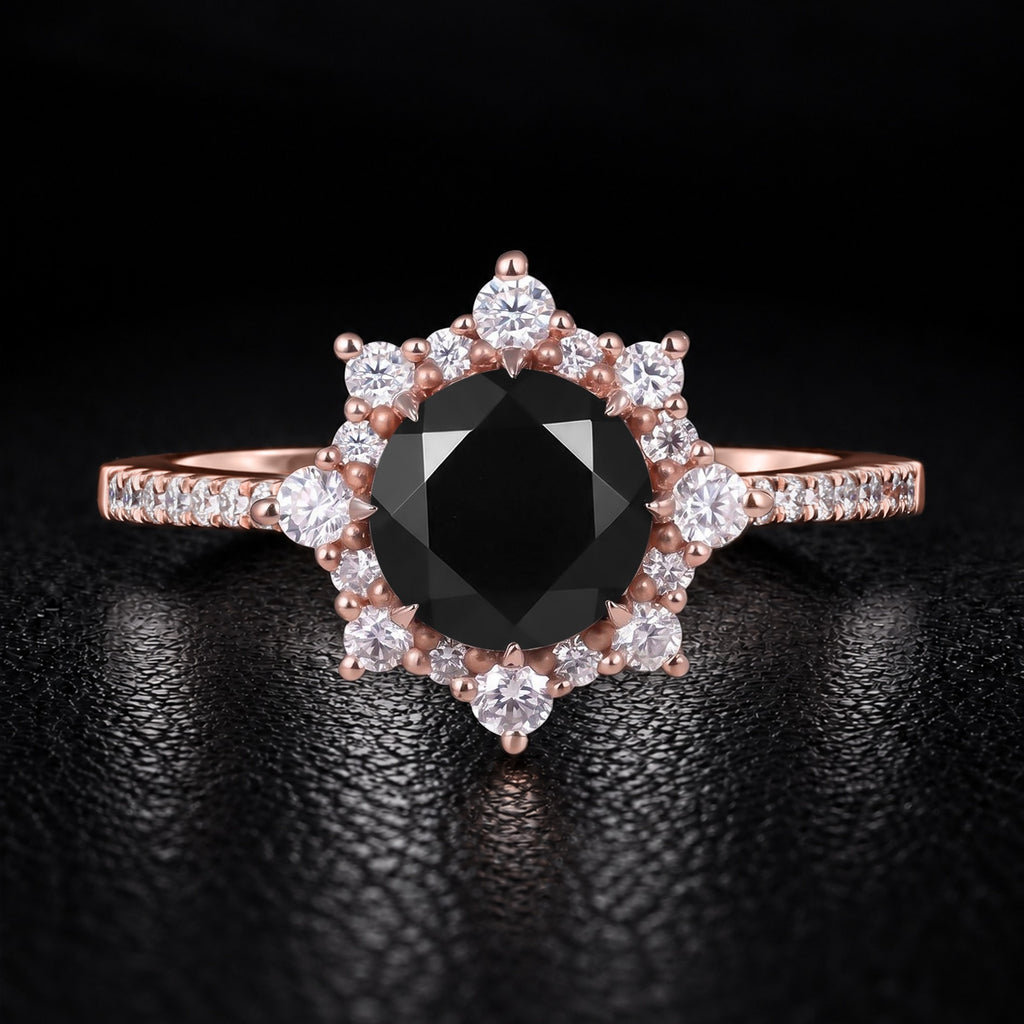 Round Cut Black Moissanite Crown Halo Ring