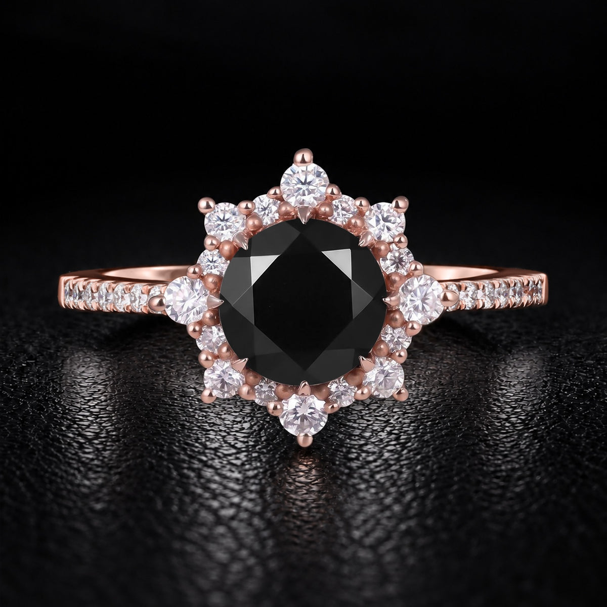 Round Cut Black Moissanite Crown Halo Ring
