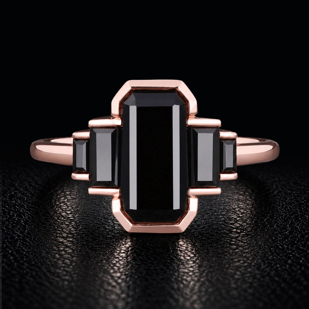 Emerald Cut Black Moissanite Art Deco Five Stone Ring