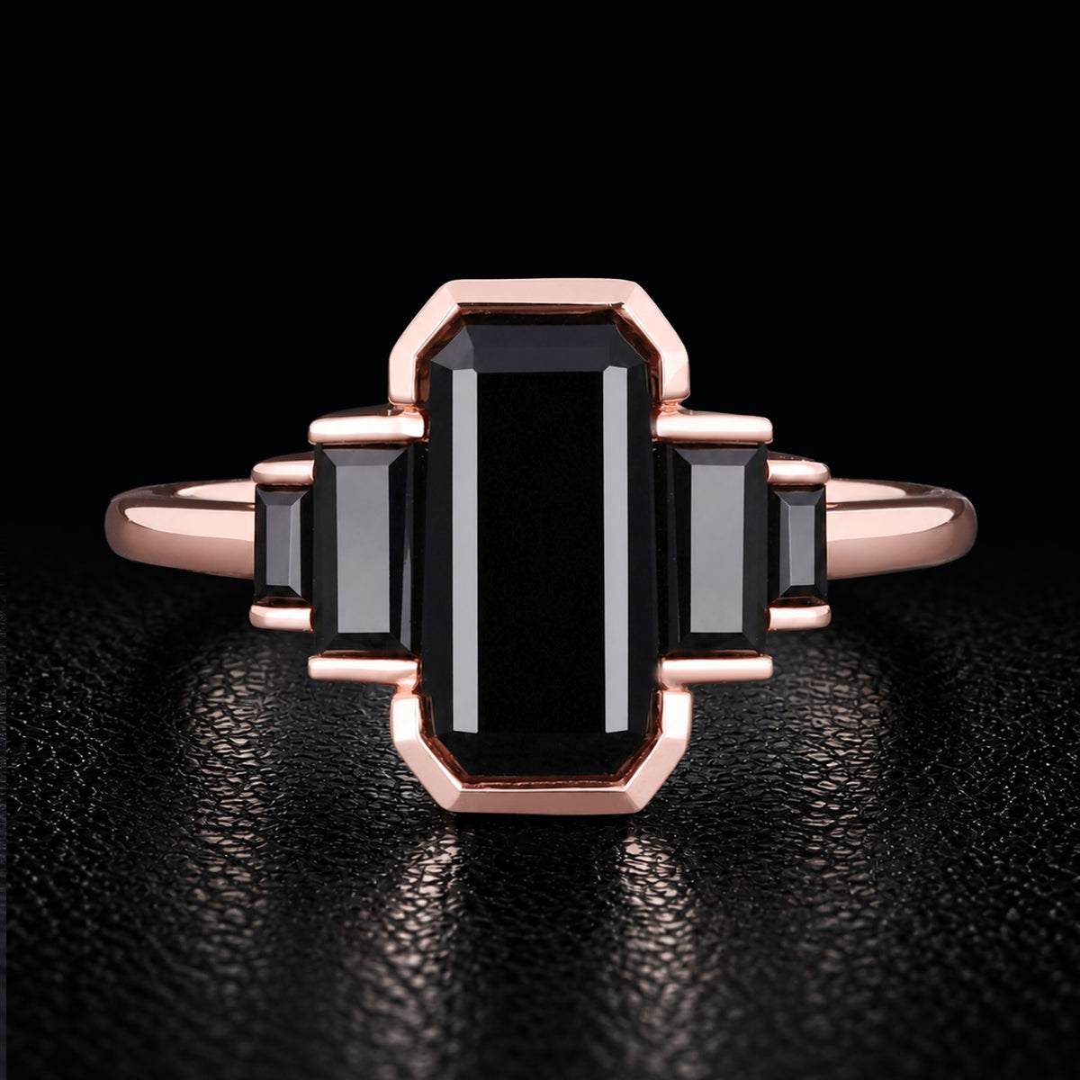 Emerald Cut Black Moissanite Art Deco Five Stone Ring