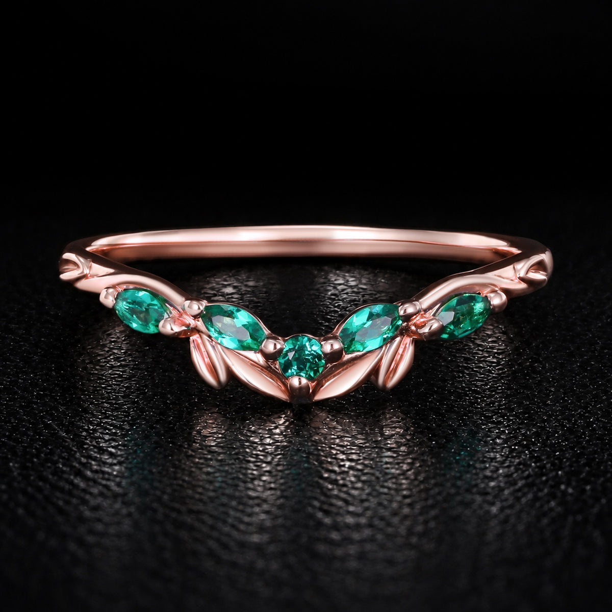 Lab Emerald Olive Leaf Nature Inspired Curved Band