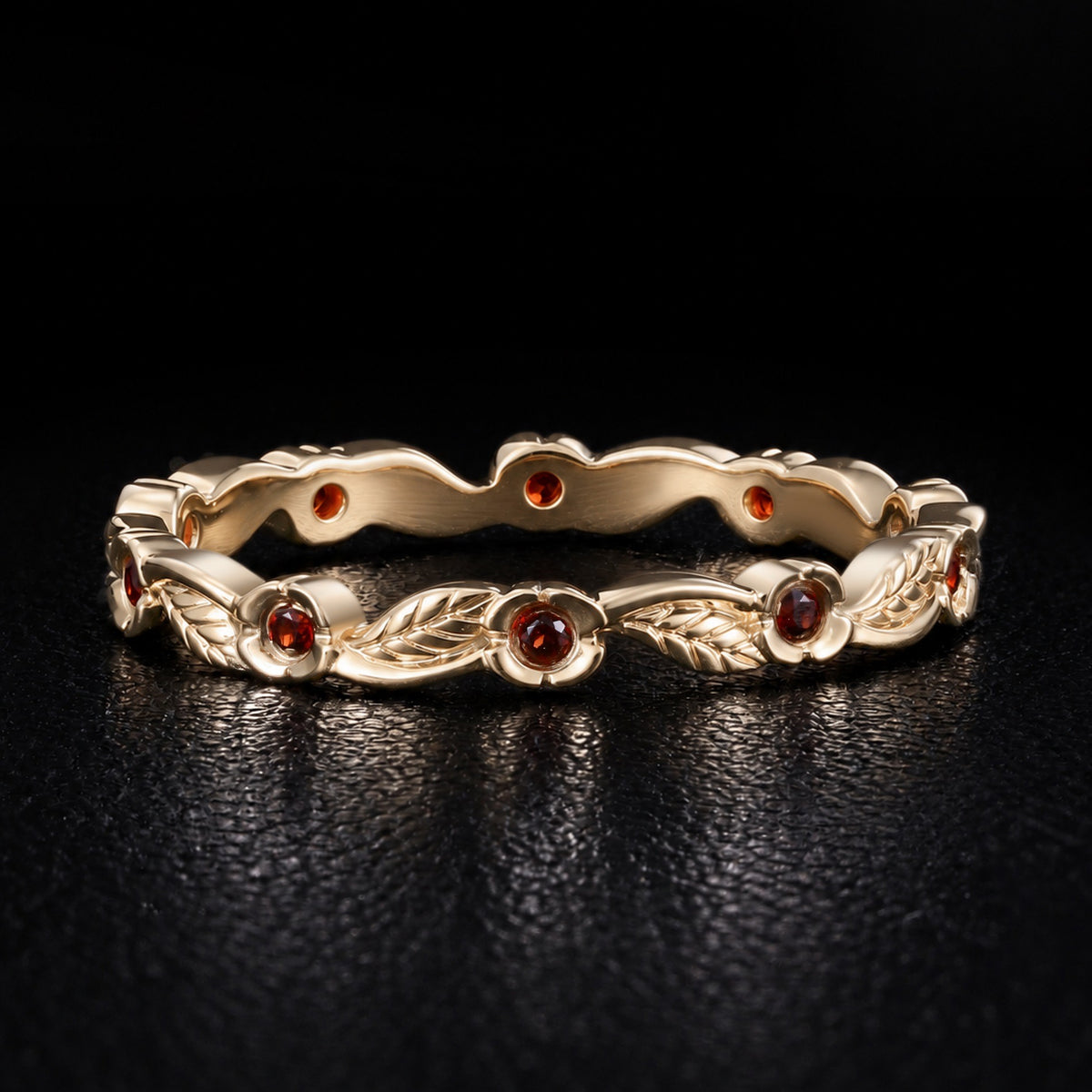 Garnet Flower & Leaf Nature Inspired Eternity Band Ring