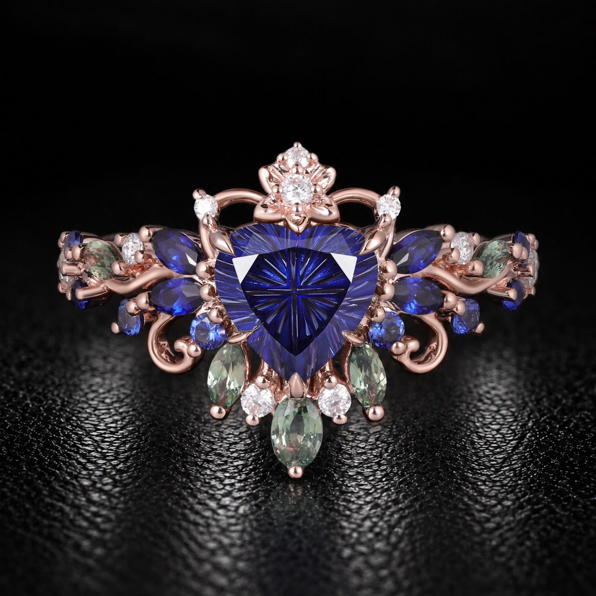 Fantasy Cut Heart Shaped Blue Sapphire Royal Garden Crown Ring with Teal Sapphire Accents