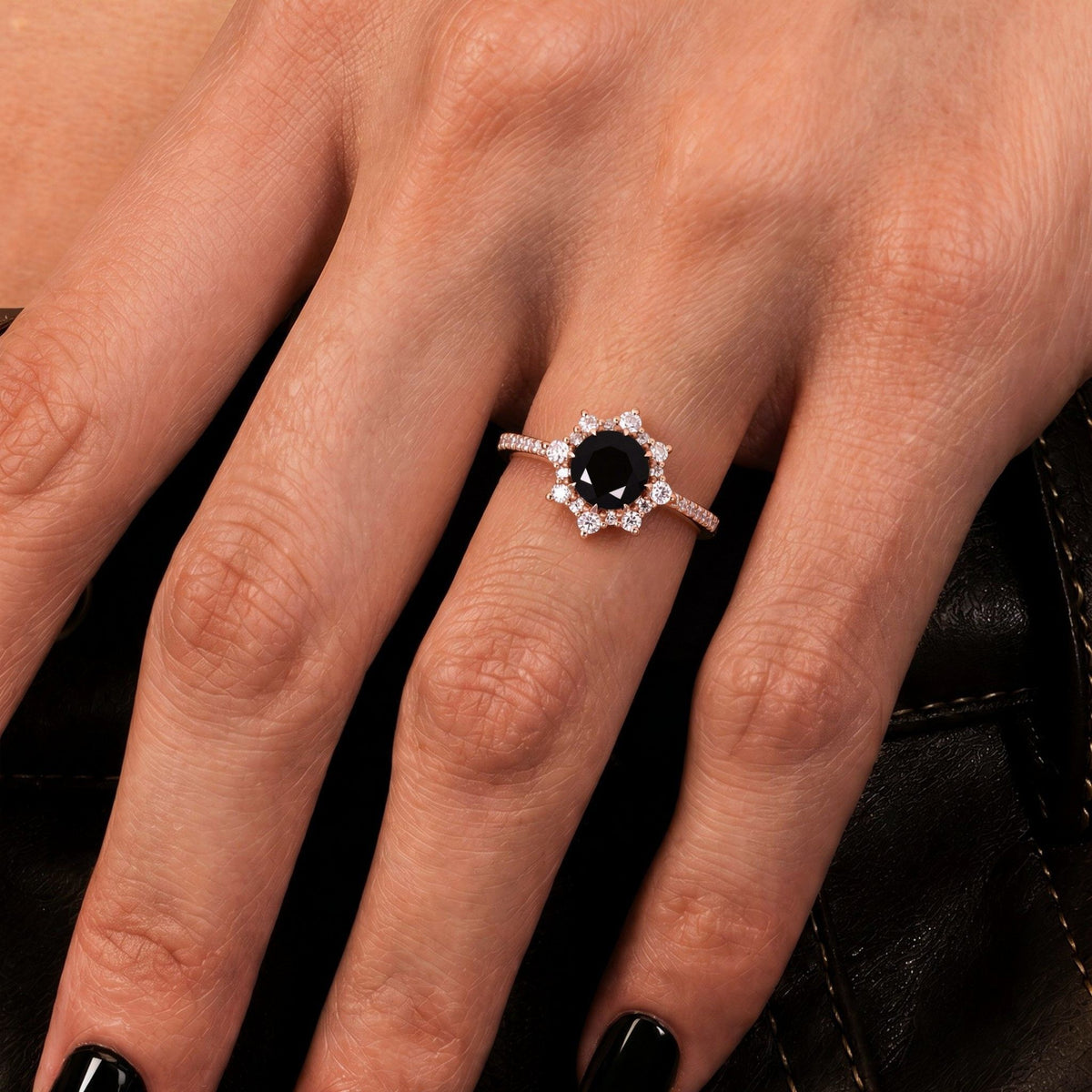 Round Cut Black Moissanite Crown Halo Ring