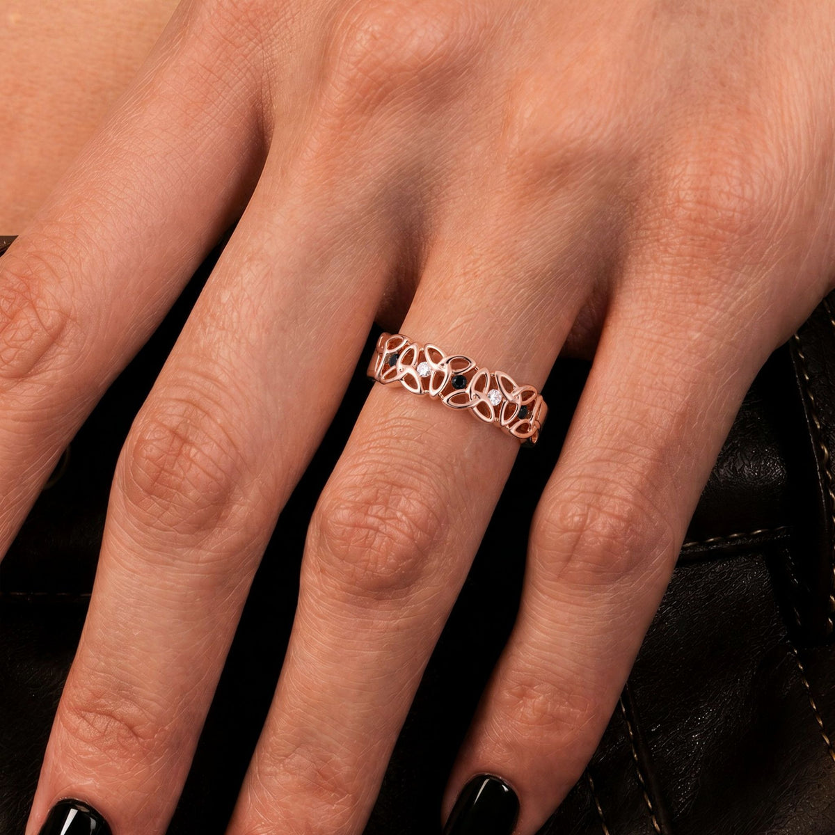 Eternal Celtic Knot Band Ring With Black Moissanite & Lab Diamond Accents