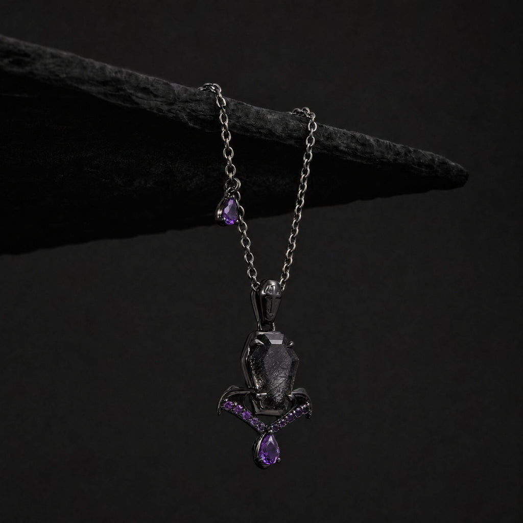 Coffin Cut Black Rutilated Quartz Sacred Cross Gothic Pendant Necklace