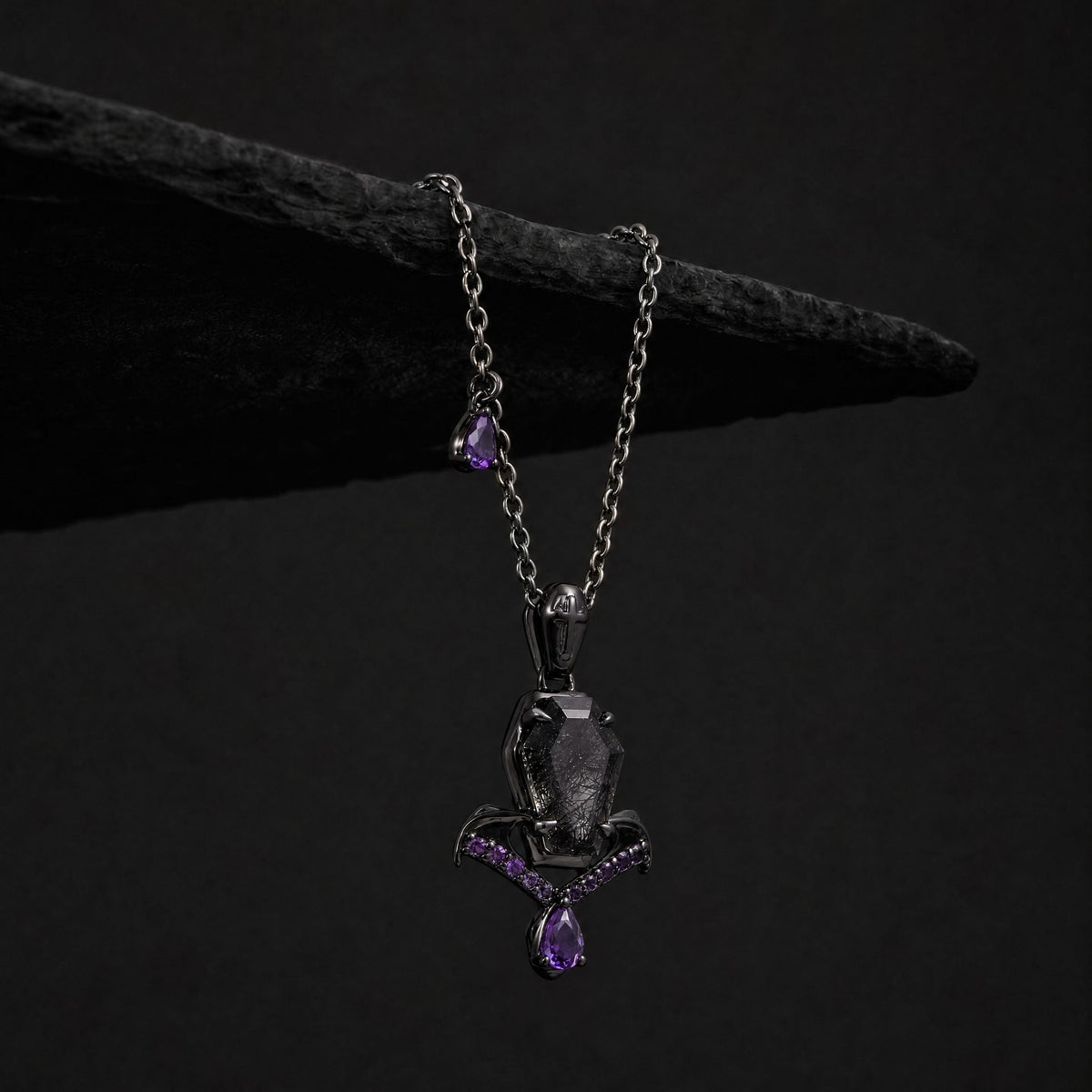 Coffin Cut Black Rutilated Quartz Sacred Cross Gothic Pendant Necklace