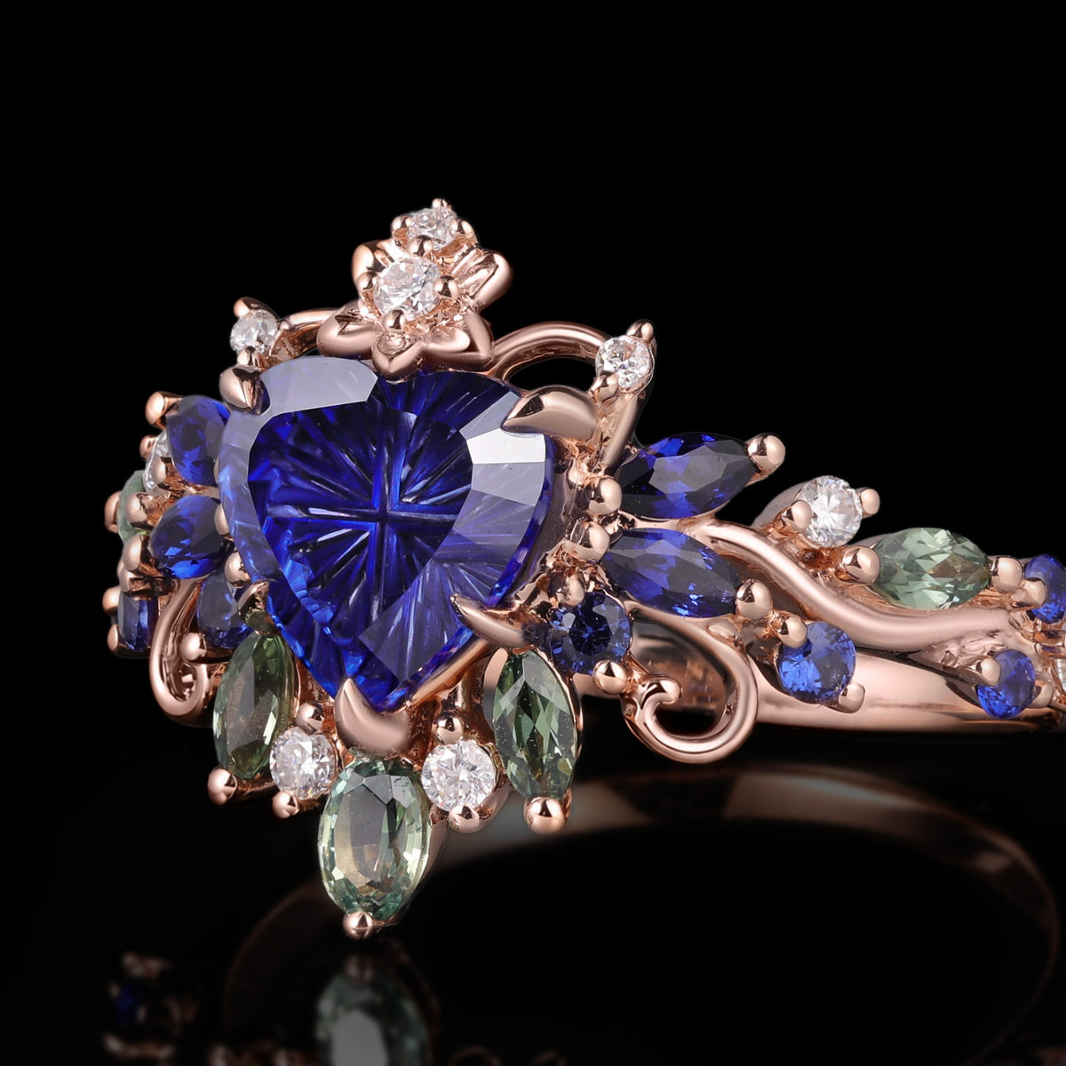 Fantasy Cut Heart Shaped Blue Sapphire Royal Garden Crown Ring with Teal Sapphire Accents