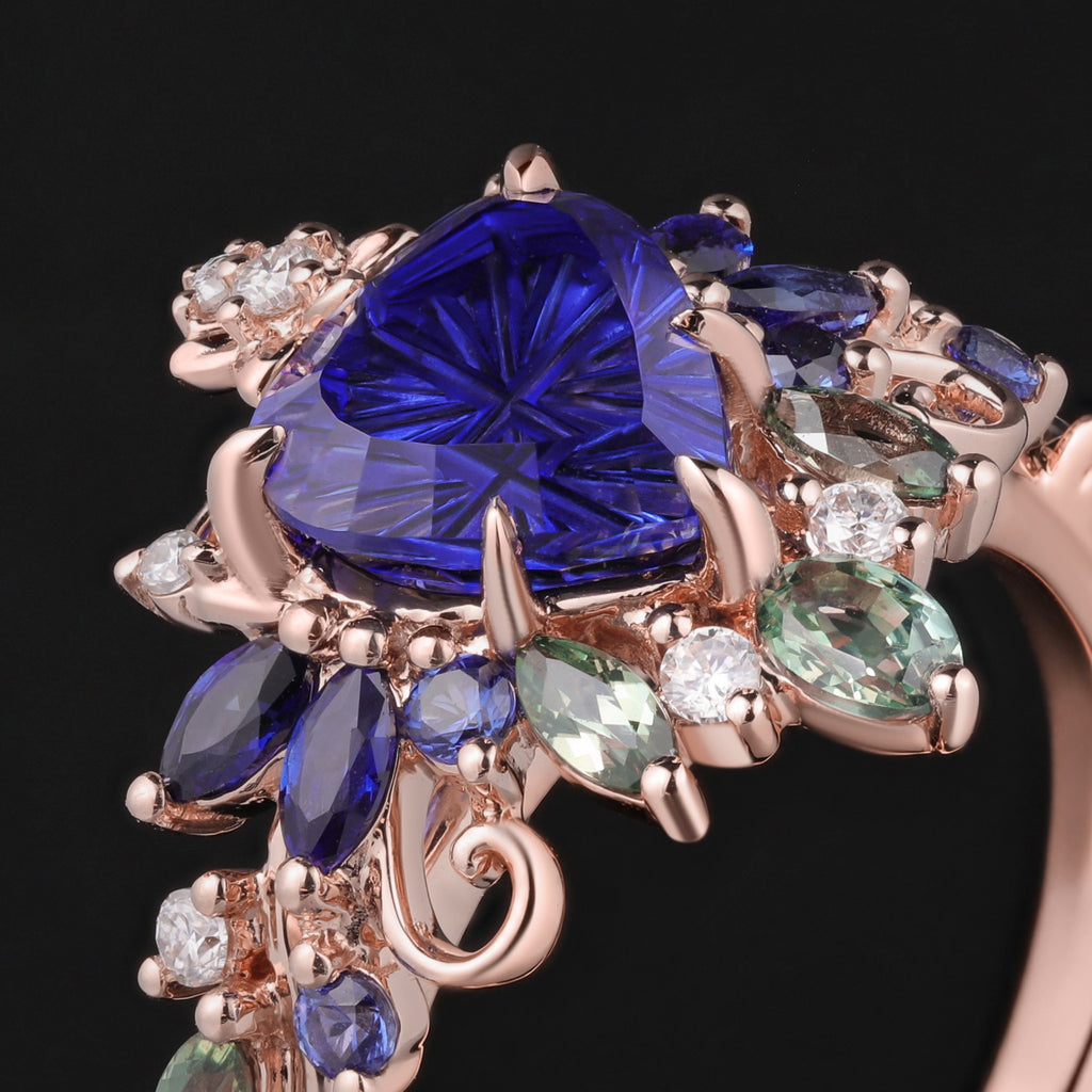 Fantasy Cut Heart Shaped Blue Sapphire Royal Garden Crown Ring with Teal Sapphire Accents