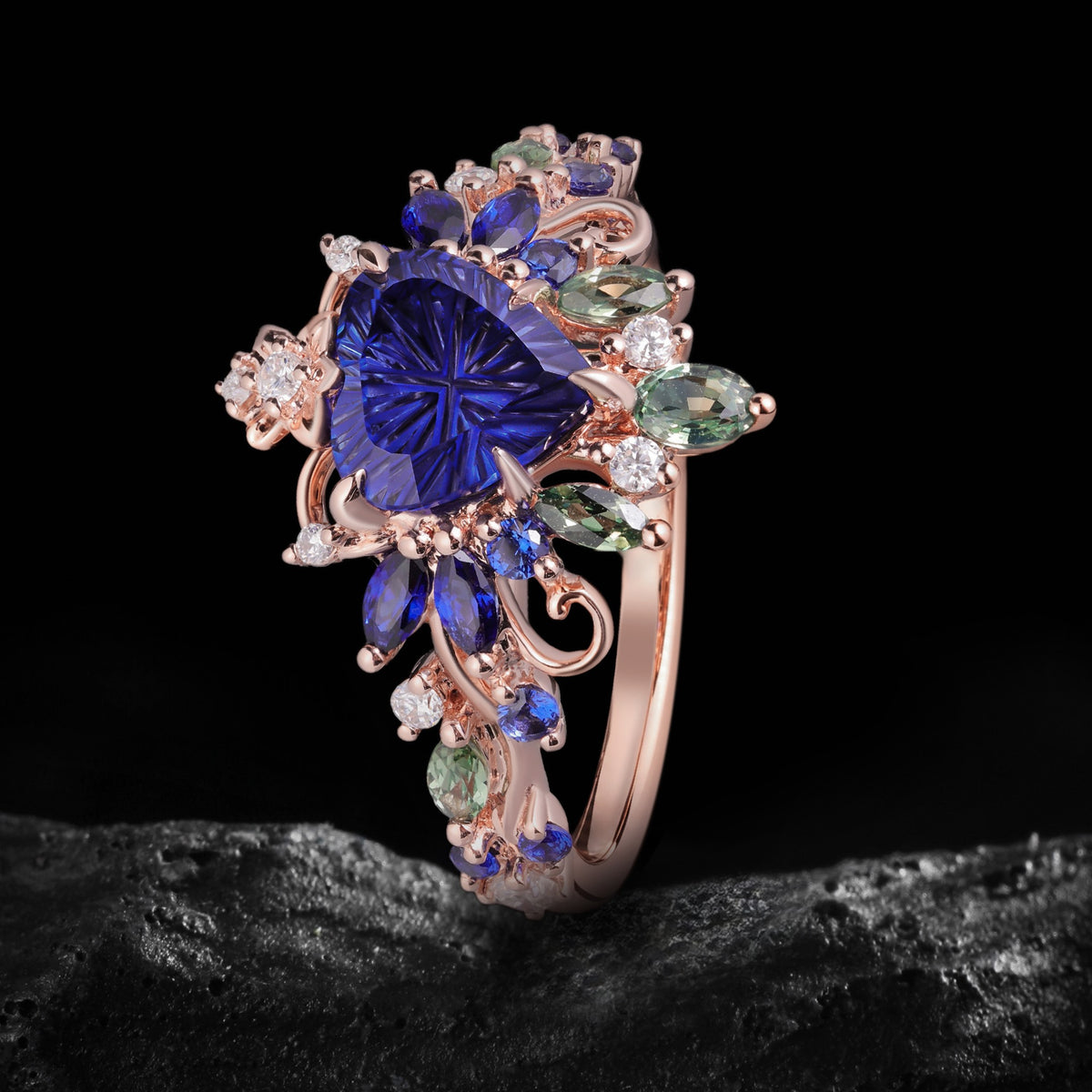 Fantasy Cut Heart Shaped Blue Sapphire Royal Garden Crown Ring with Teal Sapphire Accents