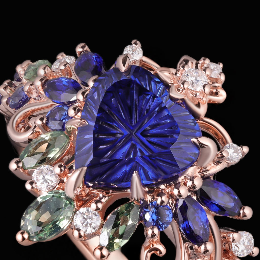 Fantasy Cut Heart Shaped Blue Sapphire Royal Garden Crown Ring with Teal Sapphire Accents