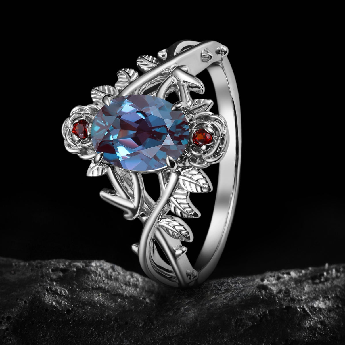 Oval Cut Lab Alexandrite Thorned Rose Nature Inspired Ring