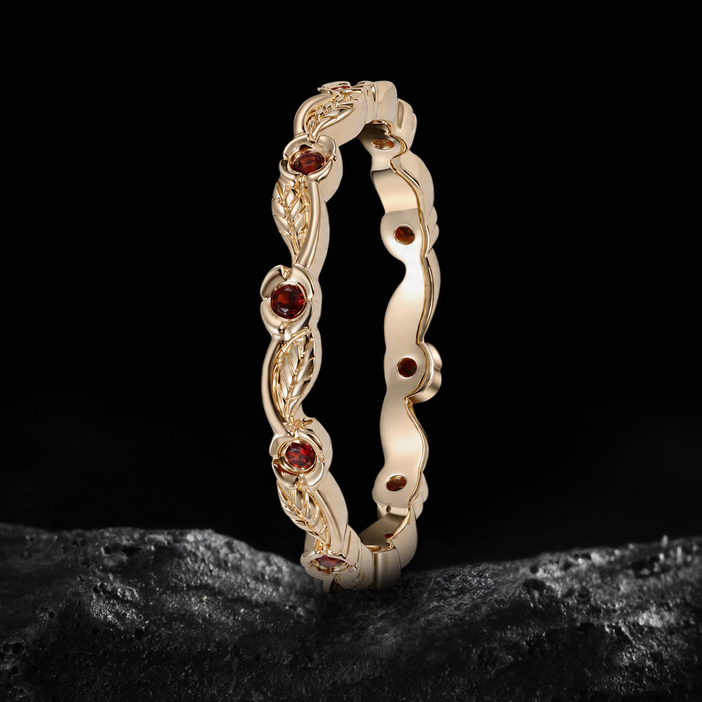 Garnet Flower & Leaf Nature Inspired Eternity Band Ring