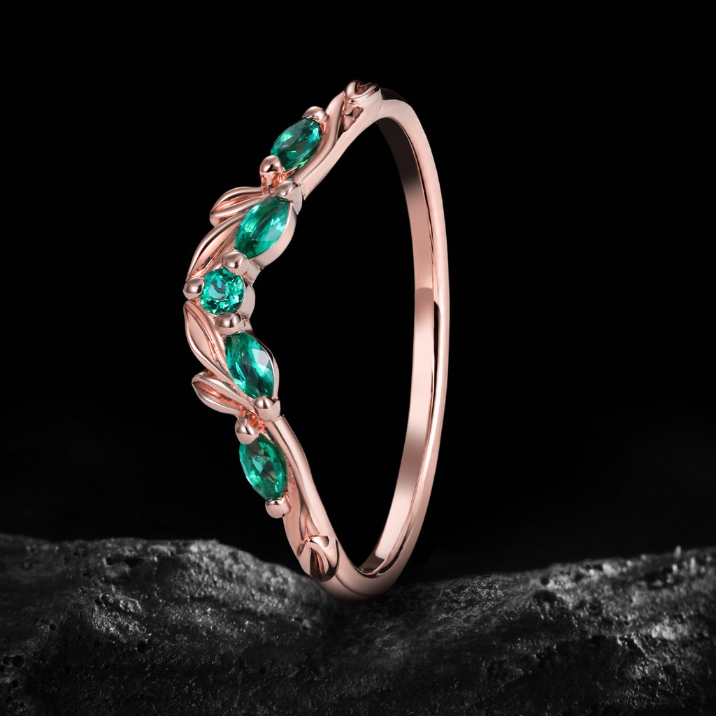 Lab Emerald Olive Leaf Nature Inspired Curved Band