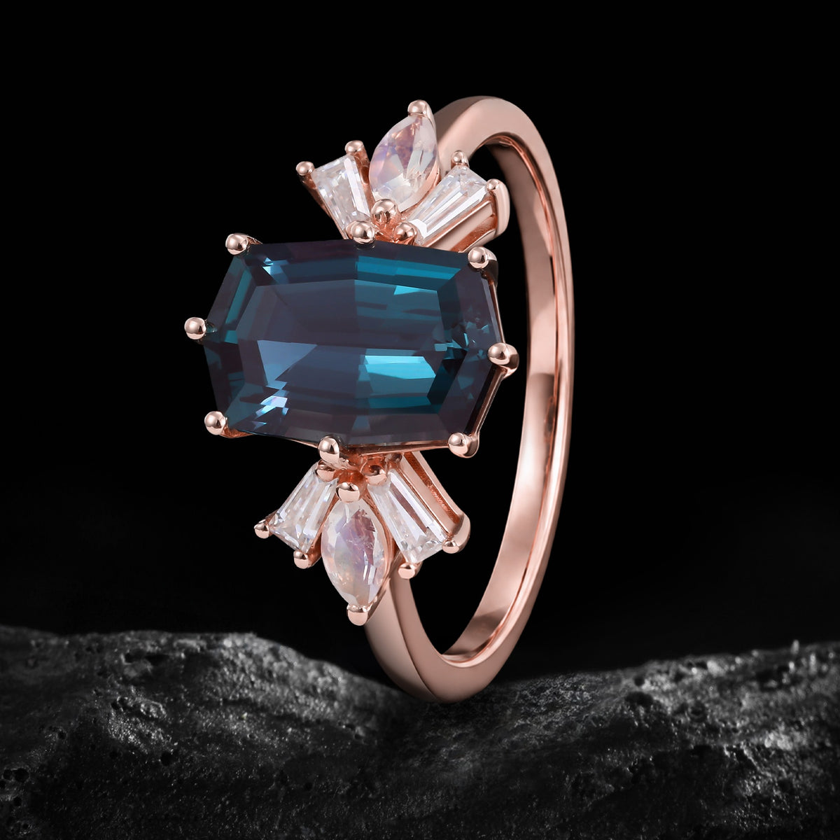 Elongated Octagon Cut Lab Alexandrite Multi Shape Cluster Ring