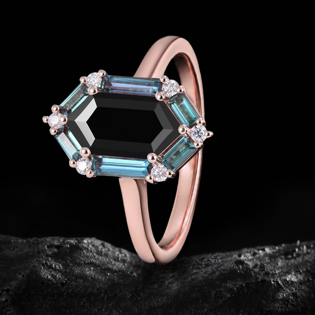 Long Hexagon Cut Black Moissanite Ring With Lab Alexandrite Halo