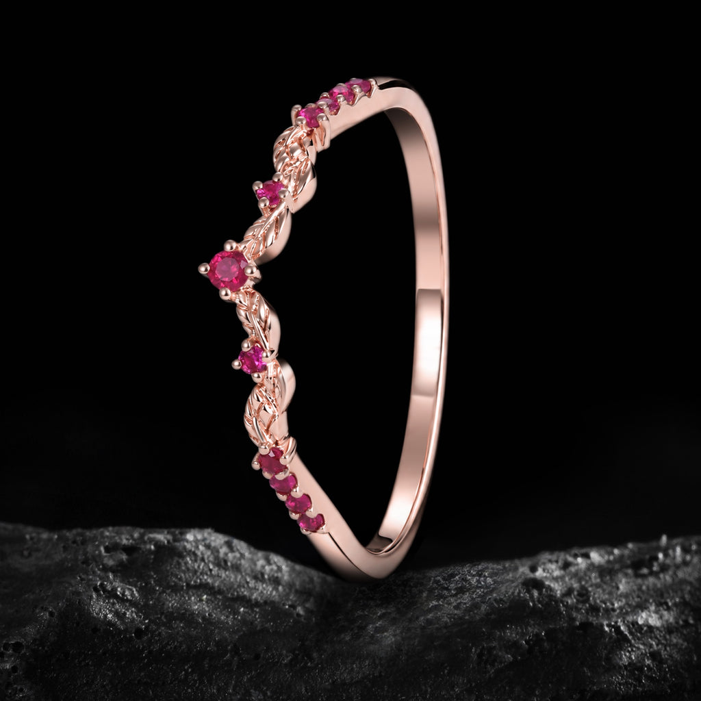 Ruby Curved Leaf Band Nature Inspired Stacking Ring