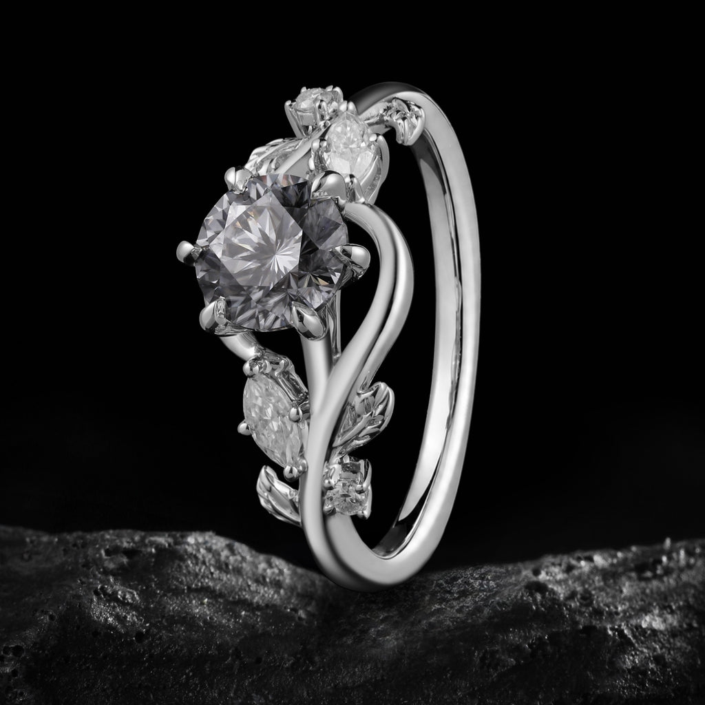Round Cut Gray Moissanite Bypass Nature Inspired Ring