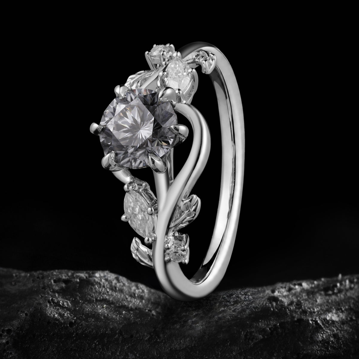 Round Cut Gray Moissanite Bypass Nature Inspired Ring