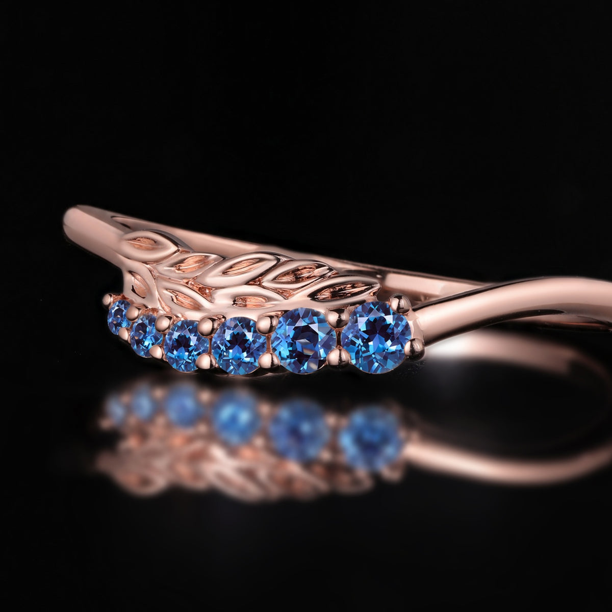 Round Cut Lab Alexandrite Laurel Branch Nature Inspired Curved Ring