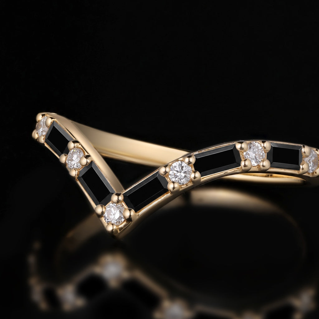 Baguette Cut Black Moissanite Chevron Curved Band with Lab Diamond Accents