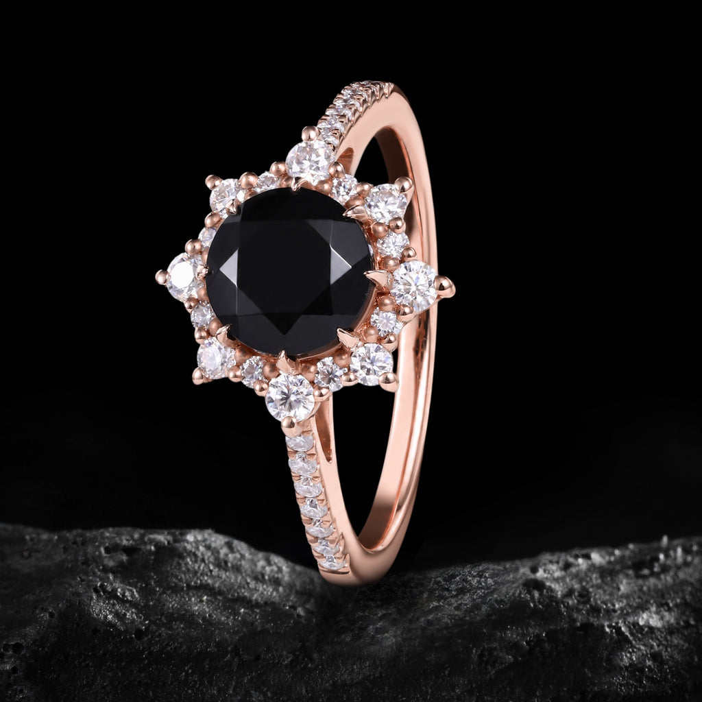 Round Cut Black Moissanite Crown Halo Ring