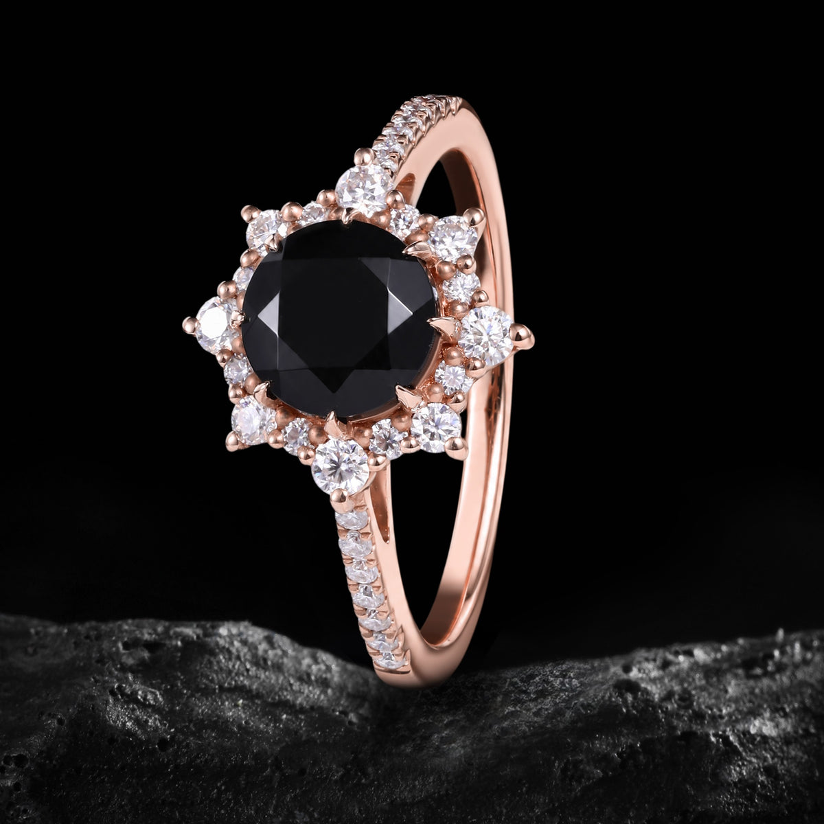Round Cut Black Moissanite Crown Halo Ring
