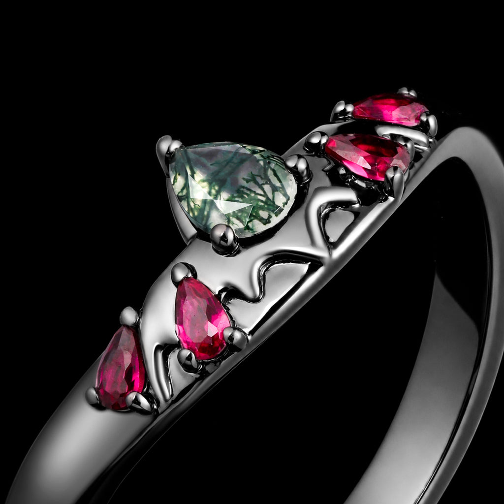 Pear Cut Moss Agate Bat Wing Gothic Band Ring with Ruby Accents