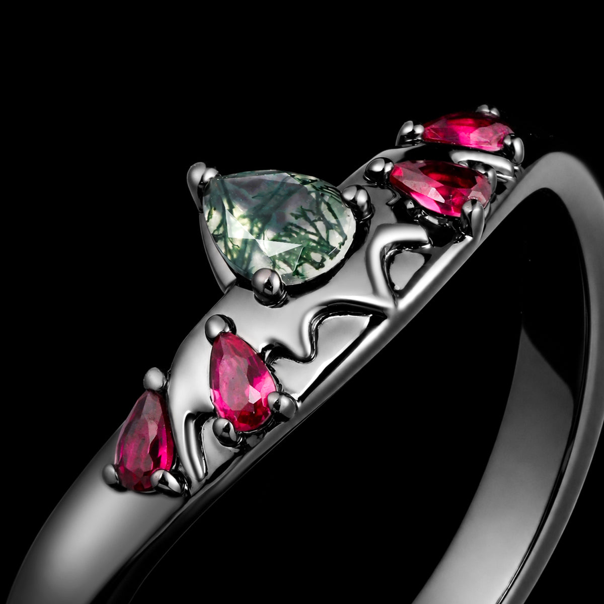 Pear Cut Moss Agate Bat Wing Gothic Band Ring with Ruby Accents