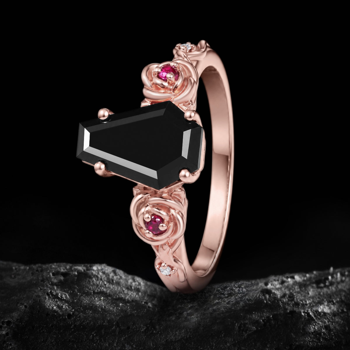 Coffin Cut Black Moissanite Gothic Rose Ring With Ruby Accents