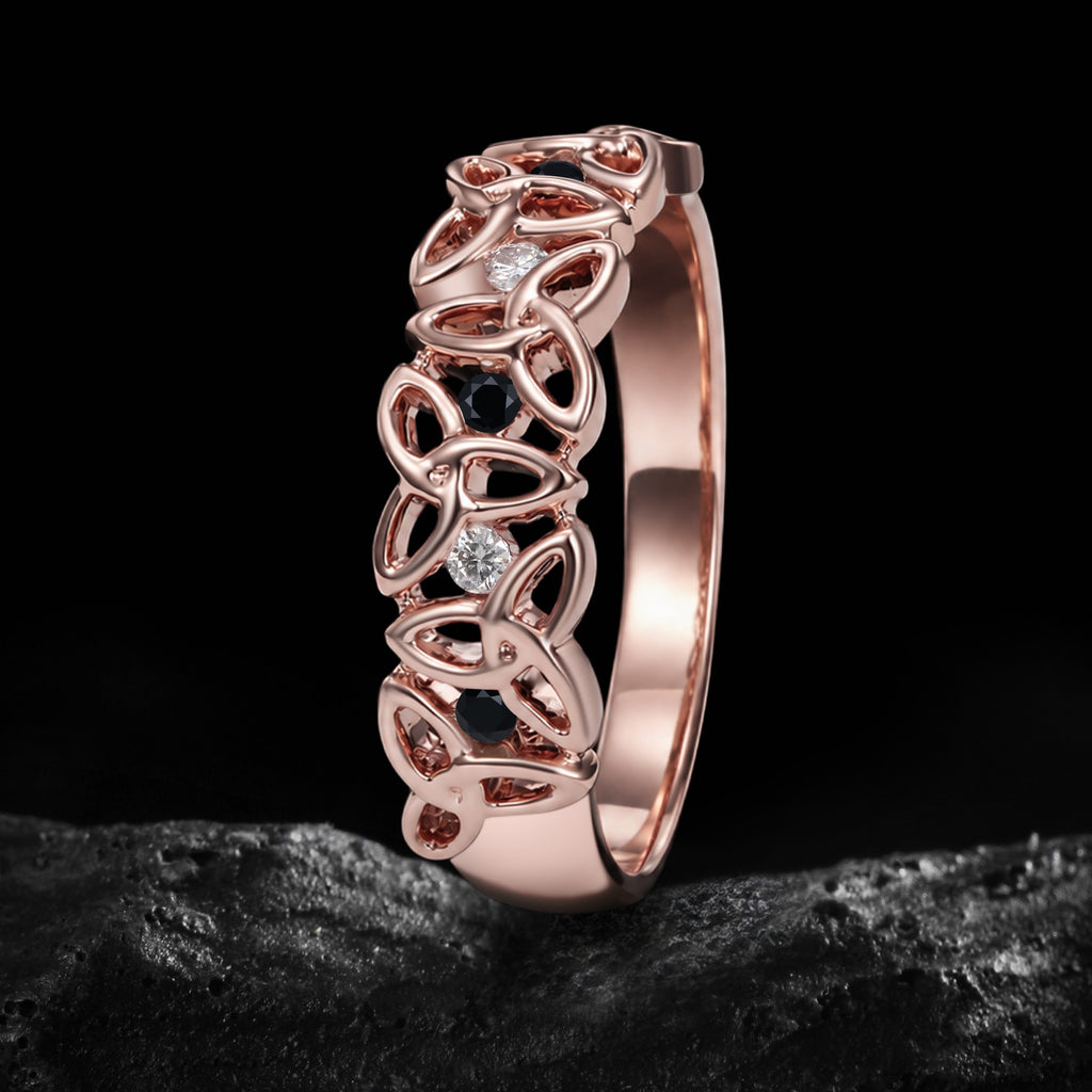 Eternal Celtic Knot Band Ring With Black Moissanite & Lab Diamond Accents