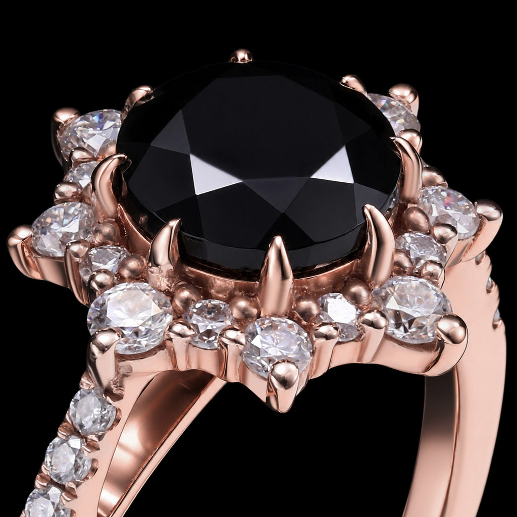 Round Cut Black Moissanite Crown Halo Ring
