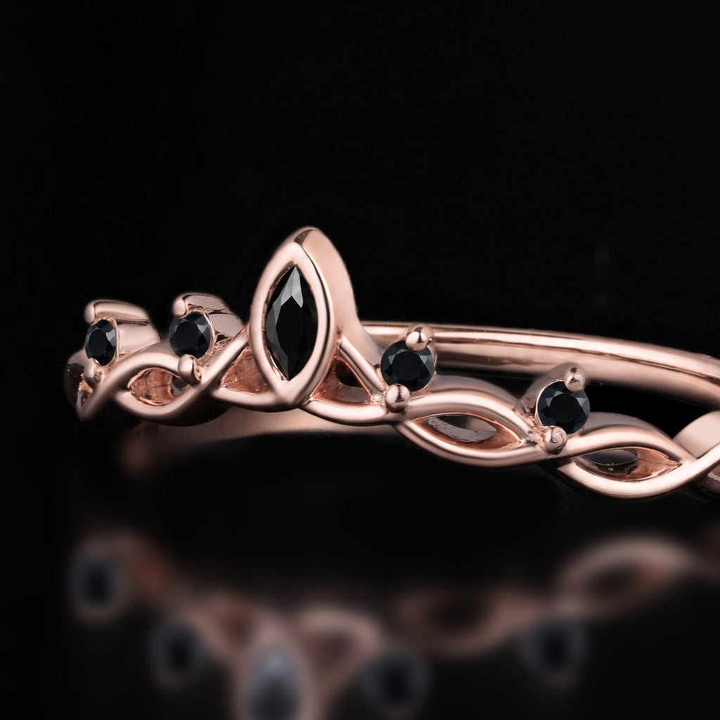 Marquise Cut Black Moissanite Celtic Vine Crown Ring