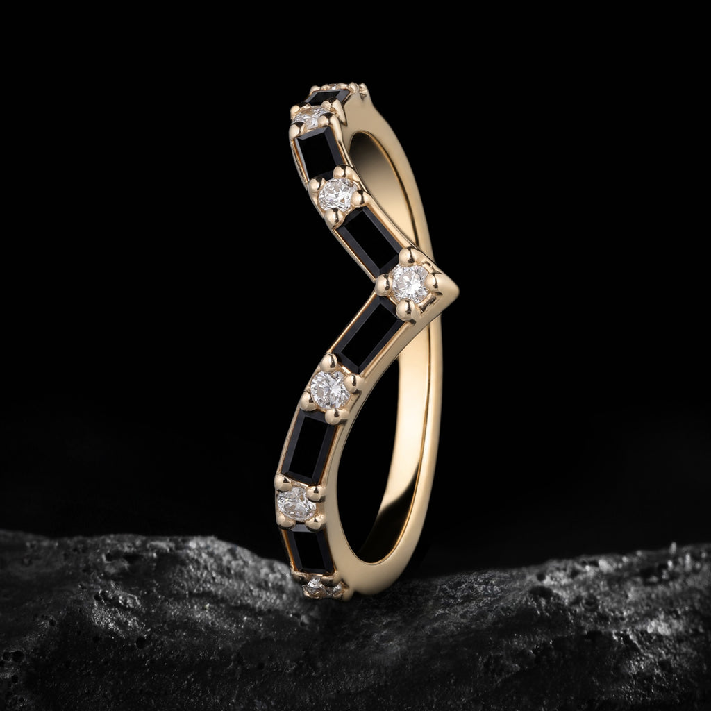 Baguette Cut Black Moissanite Chevron Curved Band with Lab Diamond Accents