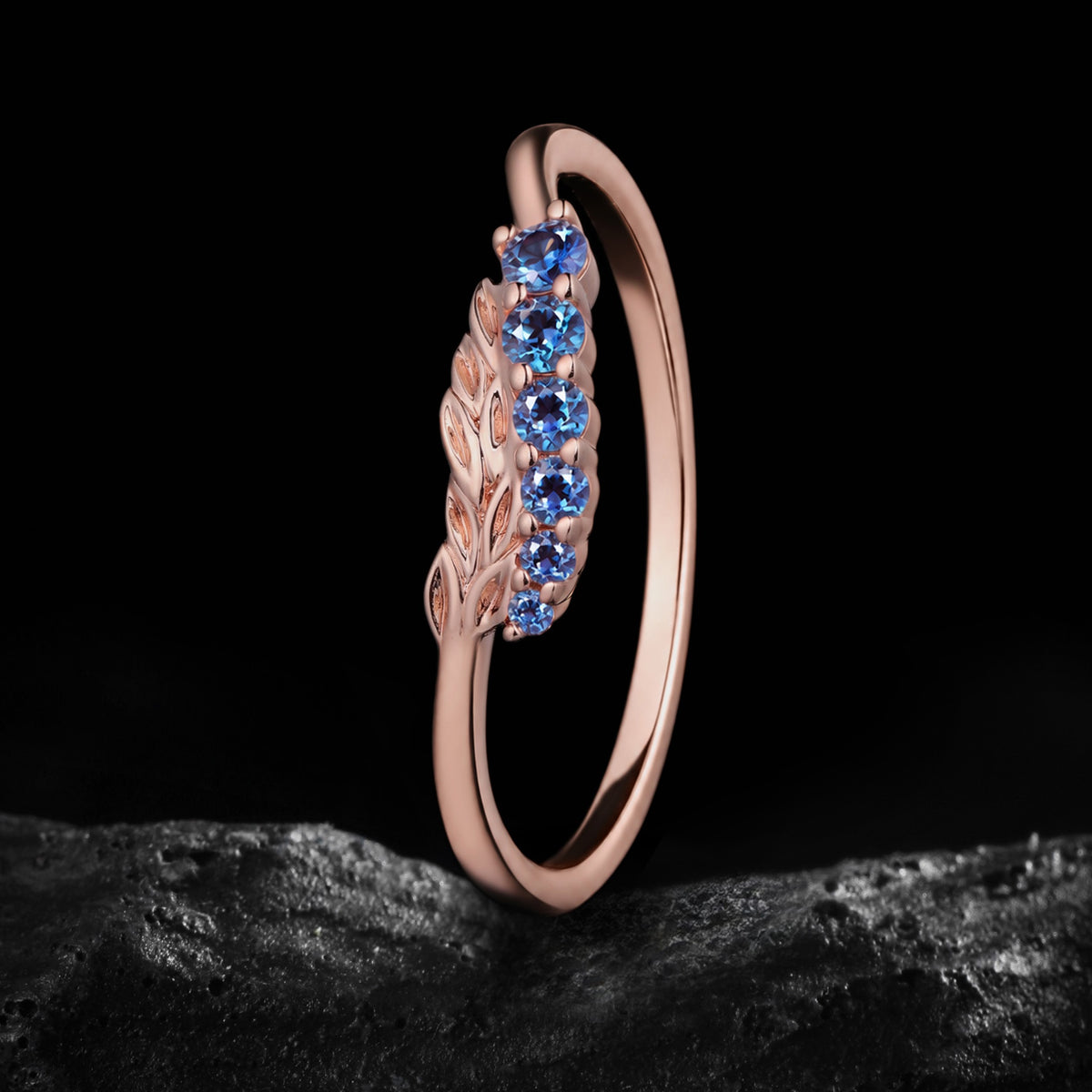 Round Cut Lab Alexandrite Laurel Branch Nature Inspired Curved Ring