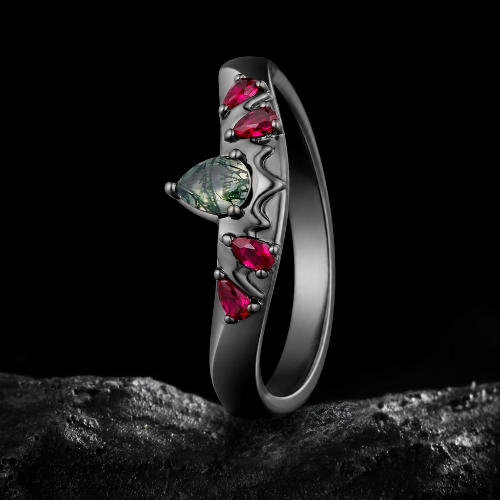 Pear Cut Moss Agate Bat Wing Gothic Band Ring with Ruby Accents