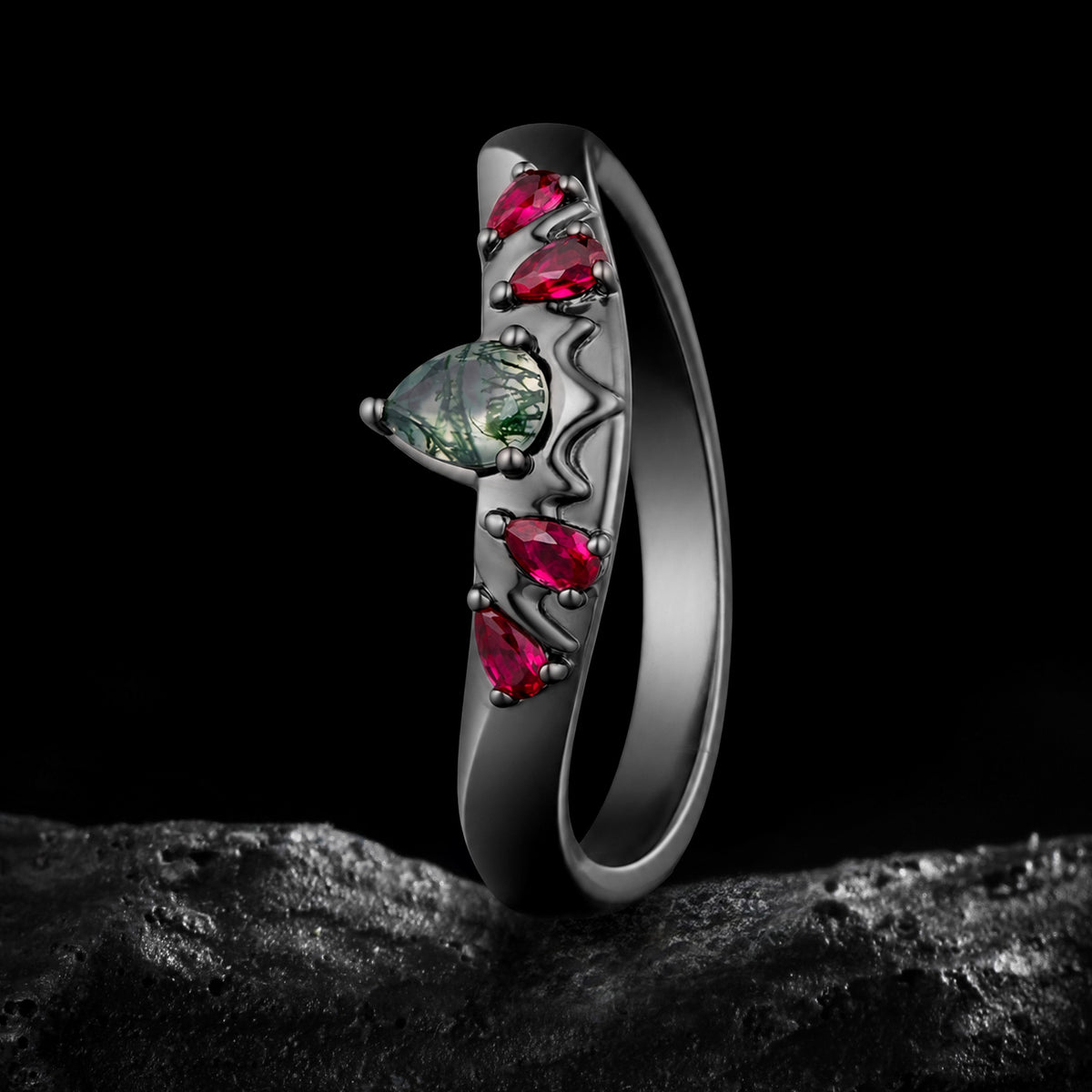Pear Cut Moss Agate Bat Wing Gothic Band Ring with Ruby Accents