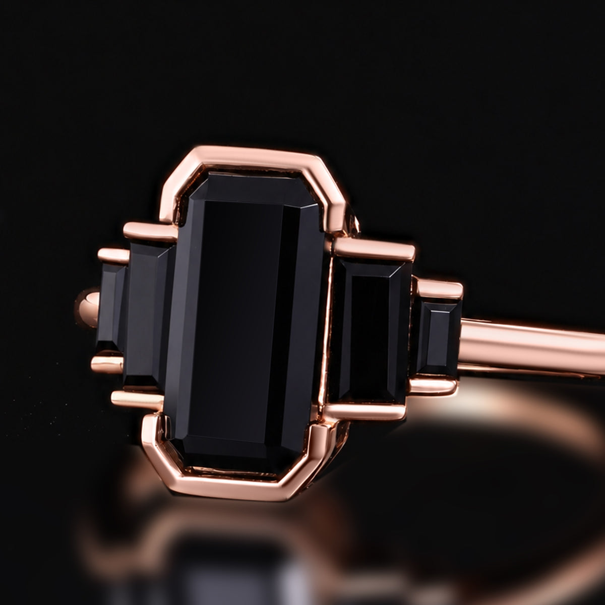 Emerald Cut Black Moissanite Art Deco Five Stone Ring